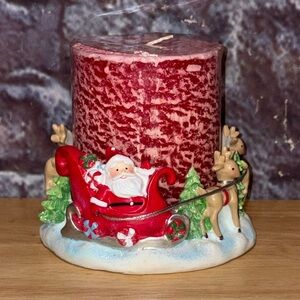 SOLD*** Kohl's Christmas Festive Santa and Reindeer Pillar Candle & Holder NWT